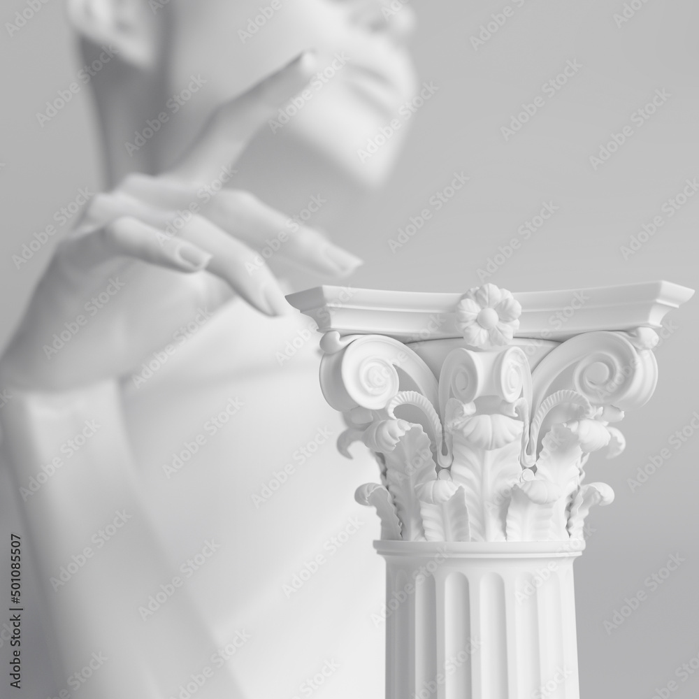 Female mannequins white sculpture and column, woman accessories art