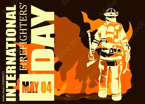 International firefighters day concept. Firefighter silhouette vector illustration, as a banner, poster or template for international firefighters day with lettering, fire and flames.