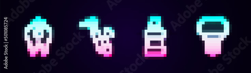 Set line Broken tooth, Tooth drill, Mouthwash and Dental implant. Glowing neon icon. Vector