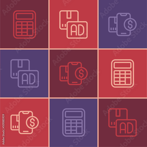 Set line Calculator, Mobile with dollar and Advertising icon. Vector