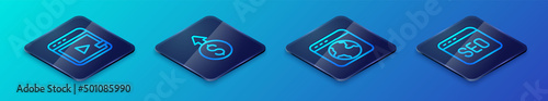 Set Isometric line Worldwide, Video advertising, SEO optimization and Financial growth dollar icon. Vector