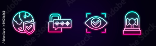 Set line Shield with world globe, Cyber security, Eye scan and Ringing alarm bell. Glowing neon icon. Vector