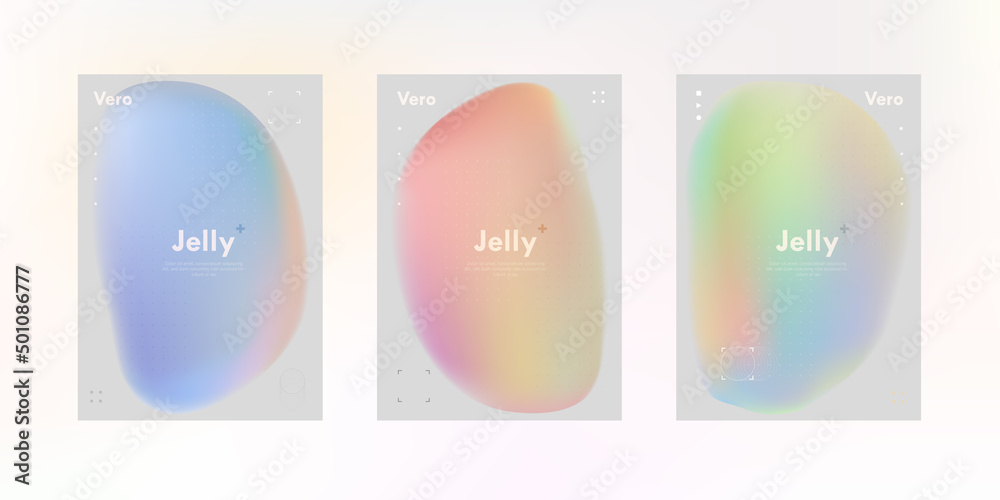 Trendy posters set with magic holographic shapes. Modern soft touch look objects isolated on light grey background