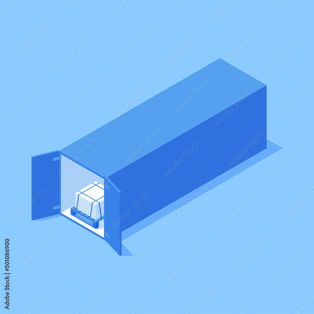 Rectangle cargo transportation container with open doors and pallet industrial goods isometric vector illustration. Freight export import metallic commercial heavy package trailer trucking equipment Rectangle cargo transportation container with open doors and pallet industrial goods isometric vector illustration. Freight export import metallic commercial heavy package trailer trucking equipment