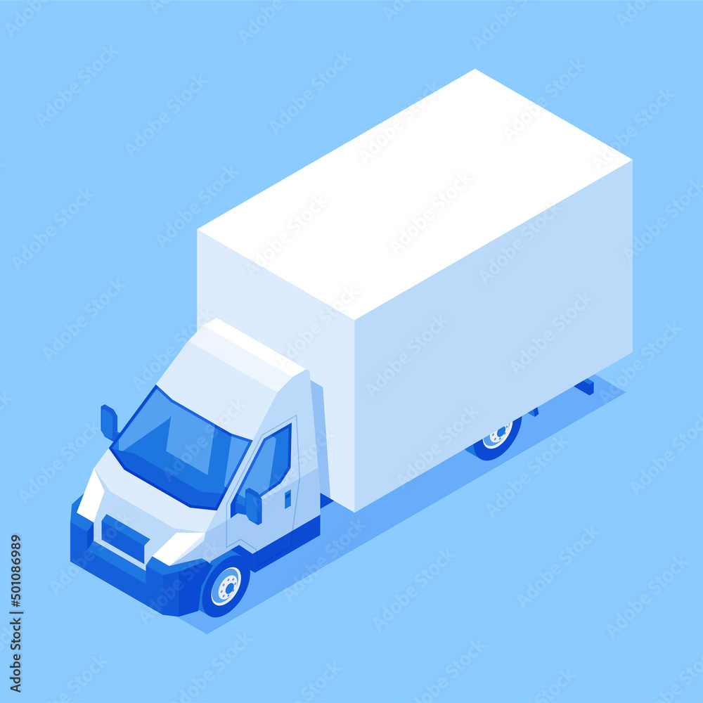 Modern logistic van courier delivery goods automobile isometric vector illustration. Cargo container freight express shipment commercial service isolated. Global communication design - obrazy, fototapety, plakaty 