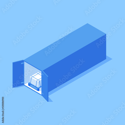 Rectangle cargo transportation container with open doors and pallet industrial goods isometric vector illustration. Freight export import metallic commercial heavy package trailer trucking equipment