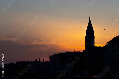 Silhouette of San Marco Bell Tower at sunset in Venice  Italy
