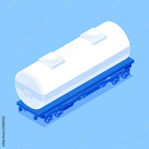 Train cargo tanker cistern stainless chemical liquid product international logistic express delivery isometric vector illustration. Railways supply goods shipment gasoline petroleum industrial wagon