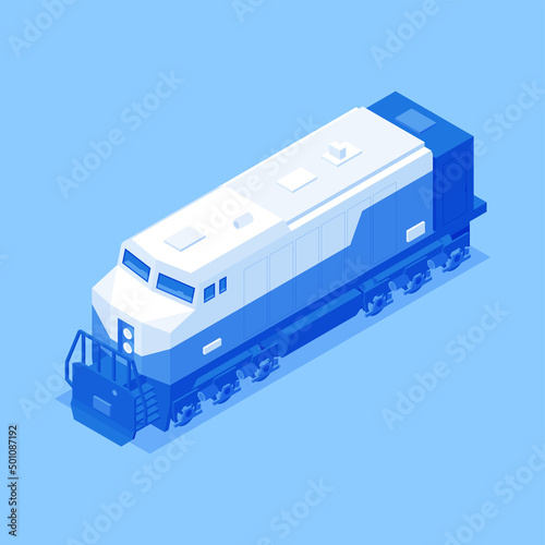 Diesel train locomotive express international goods order delivery heavy transportation isometric vector illustration. Electric railway tractor for pushing wagon freight logistic shipment isolated