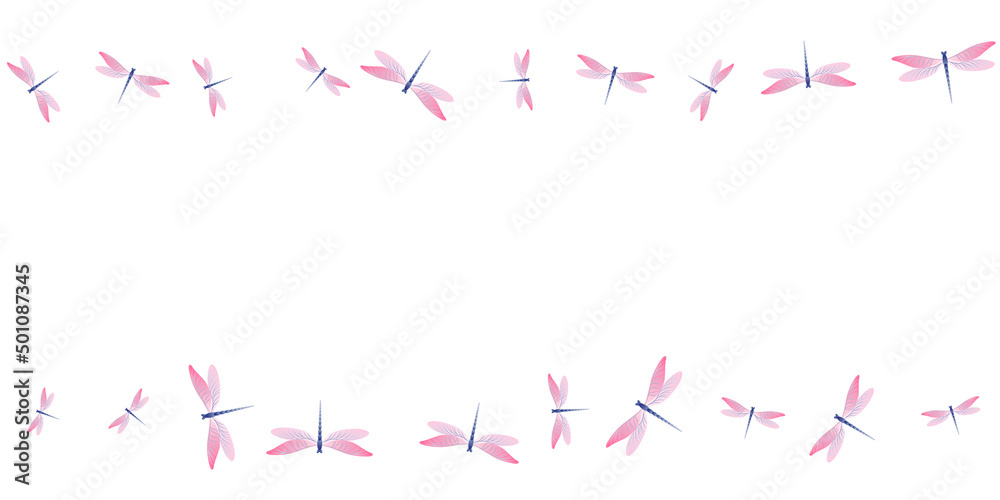 Exotic rosy pink dragonfly isolated vector background. Summer colorful insects. Decorative dragonfly isolated kids wallpaper. Tender wings damselflies patten. Nature beings