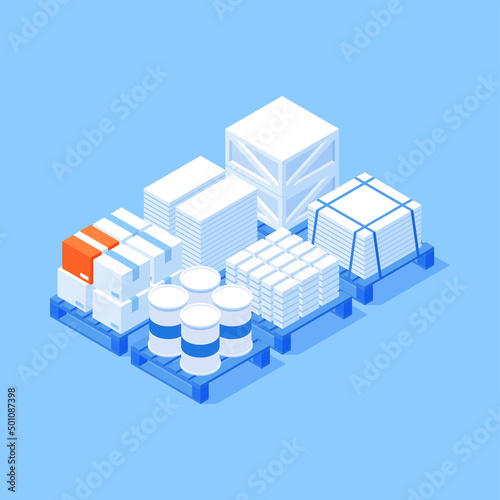 Pile industrial material barrels boxes bricks wooden pallet for storage warehouse cargo transportation isometric vector illustration. Stack industry package containers crate goods commercial shipment