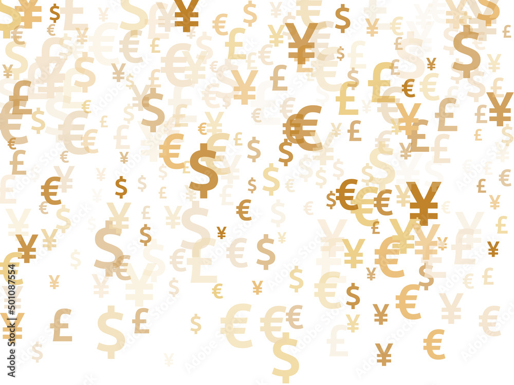 Euro dollar pound yen gold signs scatter currency vector background. Profit growth backdrop.