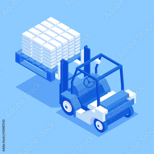 Forklift truck lifting stack of construction bricks isometric vector illustration. Commercial cargo building industrial supply delivery isolated. Machinery load logistic raising heavy goods stockpile