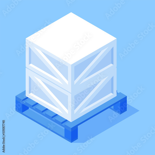 Pile wooden crate on pallet warehouse storage delivery transportation service isometric vector illustration. Stack logistic cargo boxes protective package goods supply wholesale industrial business
