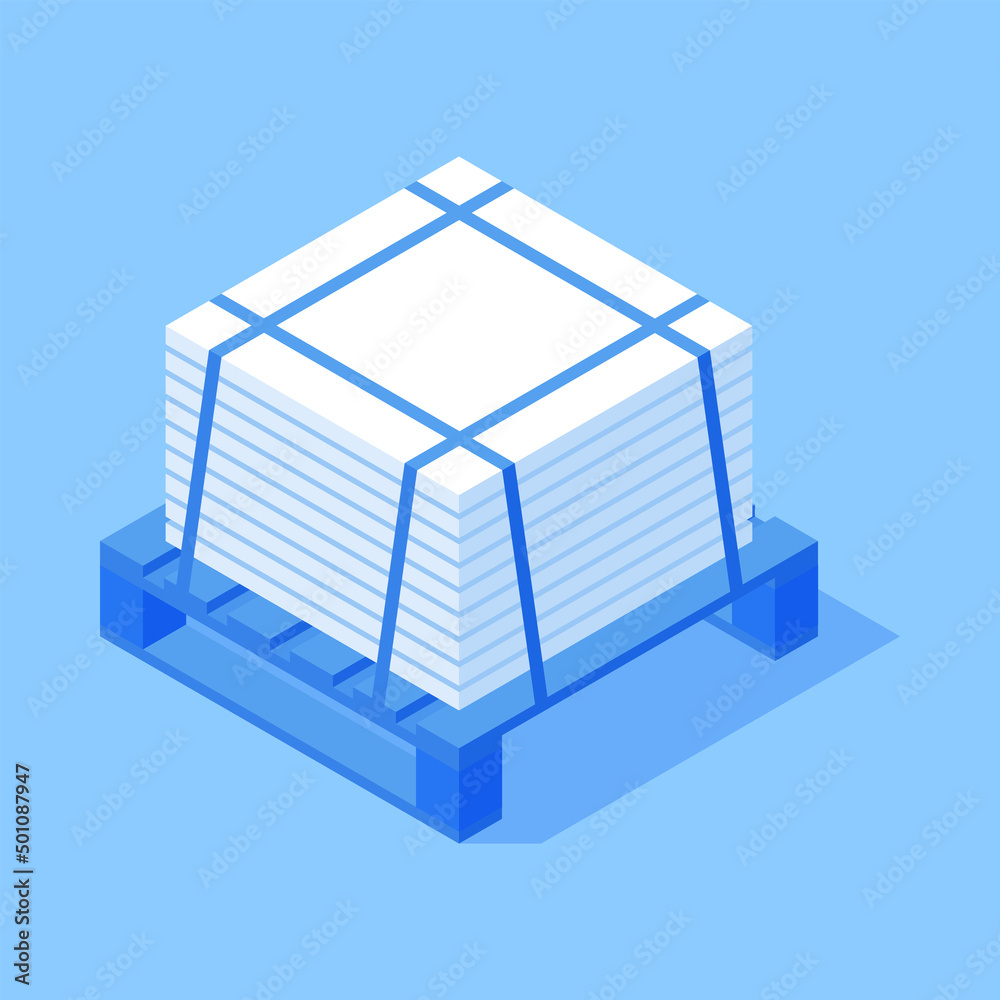 Pile tied cement plate slices on wooden pallet comfortable carrying transportation cargo delivery isometric vector illustration. Stack folded wholesale construction material for architecture building Pile tied cement plate slices on wooden pallet comfortable carrying transportation cargo delivery isometric vector illustration. Stack folded wholesale construction material for architecture building