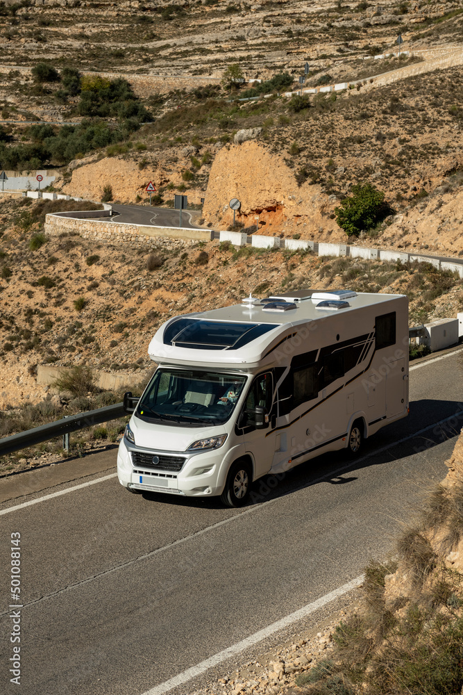 Mobile home on the road, Alcala de Jucar, Spain