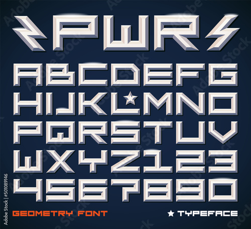 Contemporary monospaced font, square letters and numbers. Metallic beveled version. Vector illustration.
