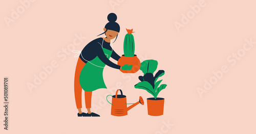 Woman taking care of her plants. Watering can, cactus and leafy green plant.