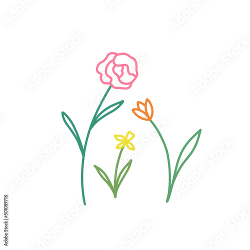 Pink peony, yellow narcissus and tulip flowers. Floral vector illustration. Simple cute drawing.