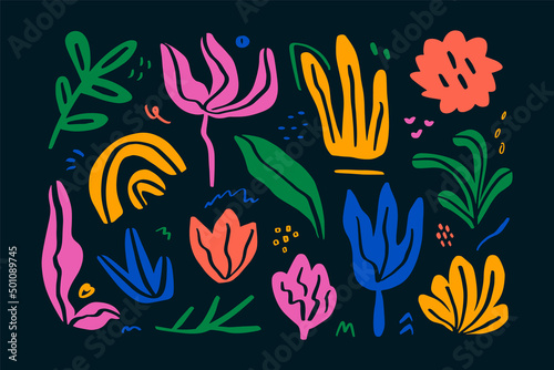 Collection of modern organic design elements, abstract cutout shapes and forms. Different leaves, flowers, bushes, doodle florals. Vector illustration. 