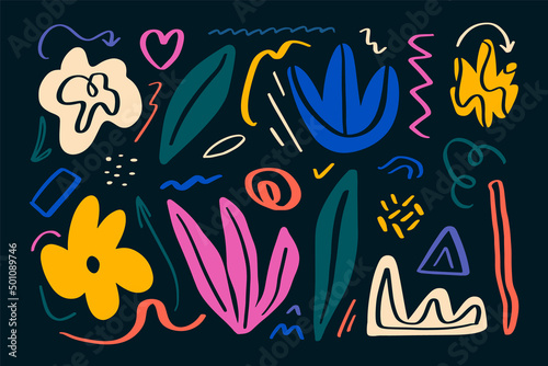 Bundle of colorful organic shapes. Different leaves, flowers, doodles. Abstract cutout elements. Vector illustration. 