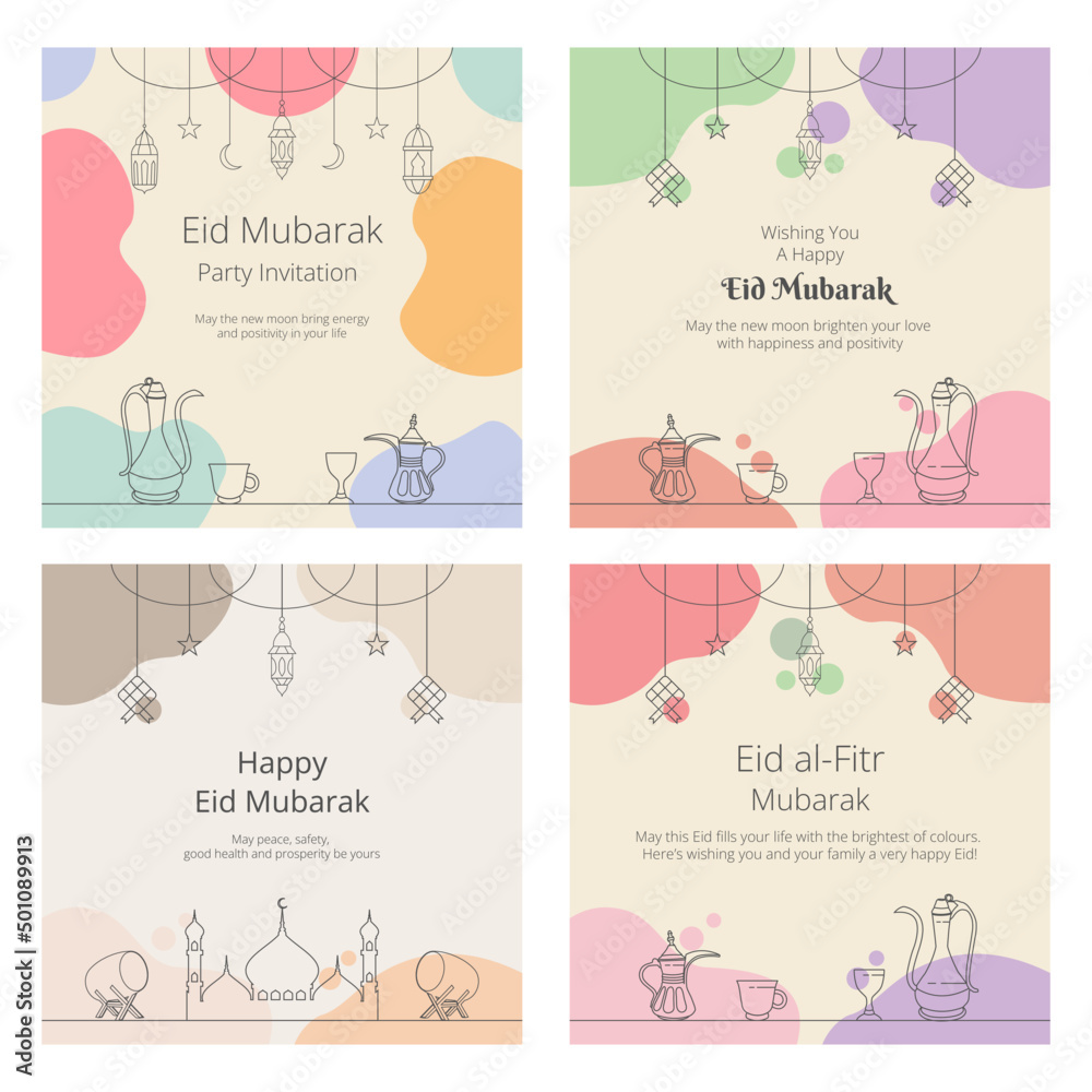 Set of  Eid Mubarak Greeting Cards Pastel Background. Vector Illustration