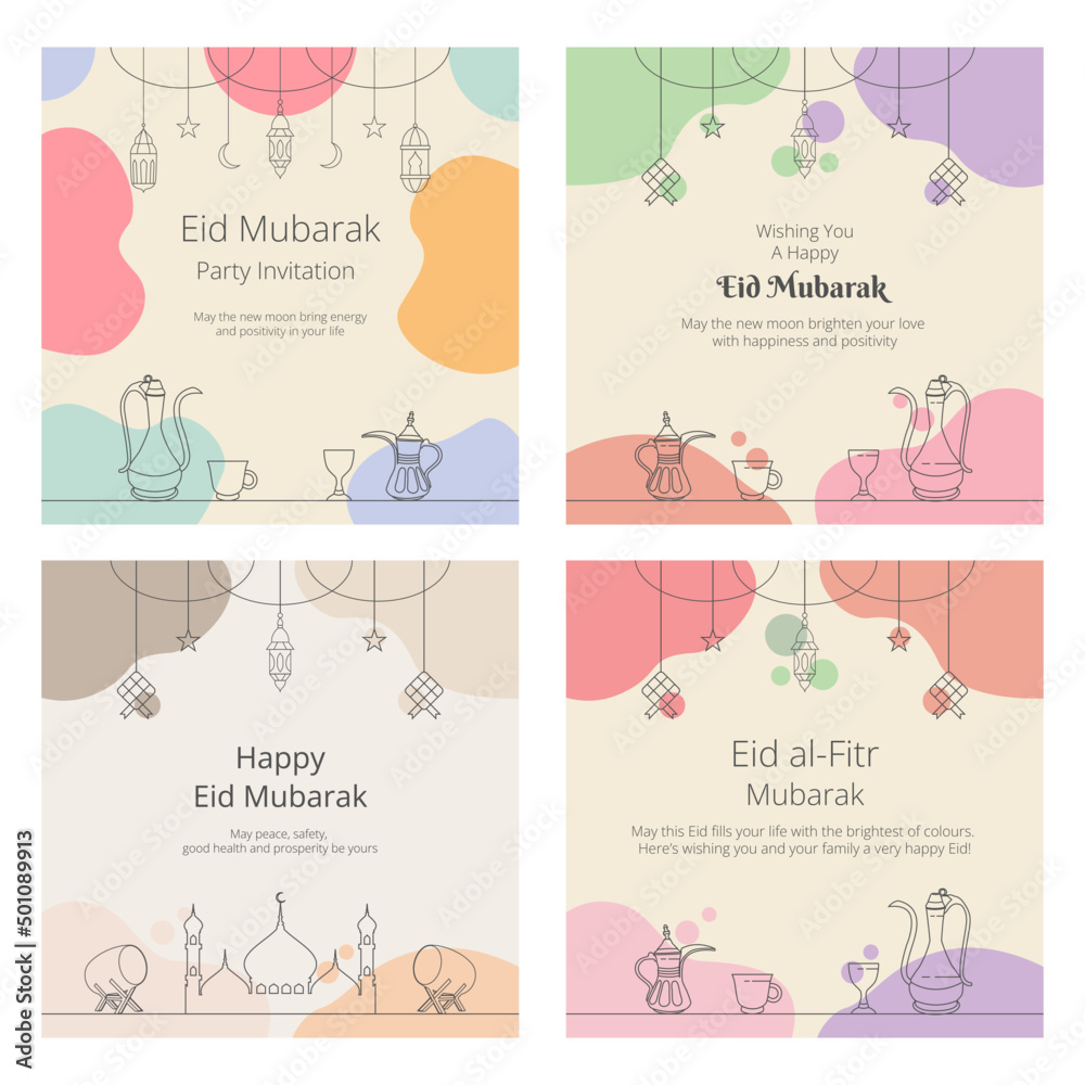 Fototapeta premium Set of Eid Mubarak Greeting Cards Pastel Background. Vector Illustration