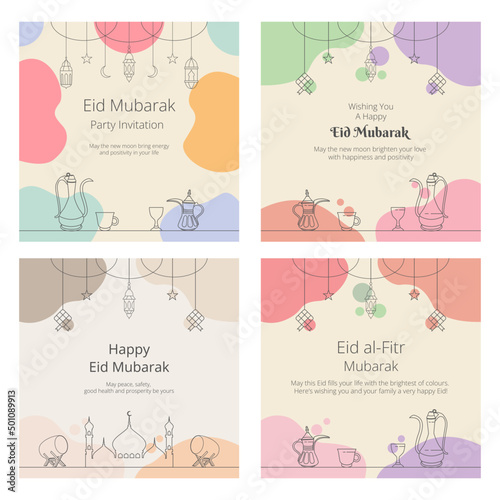 Set of Eid Mubarak Greeting Cards Pastel Background. Vector Illustration