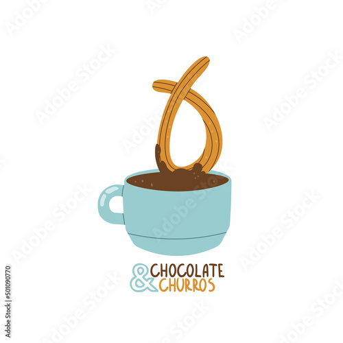 Logo for churreria. Churros and chocolate. Spanish traditional pastries for breakfast. Vector illustration for design and handwritten text.