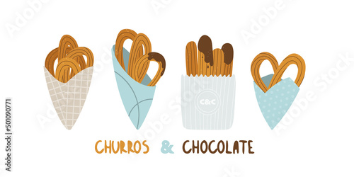 Logo for churreria. Churros and chocolate. Spanish traditional pastries for breakfast. Set of vector illustration for design and handwritten text. photo