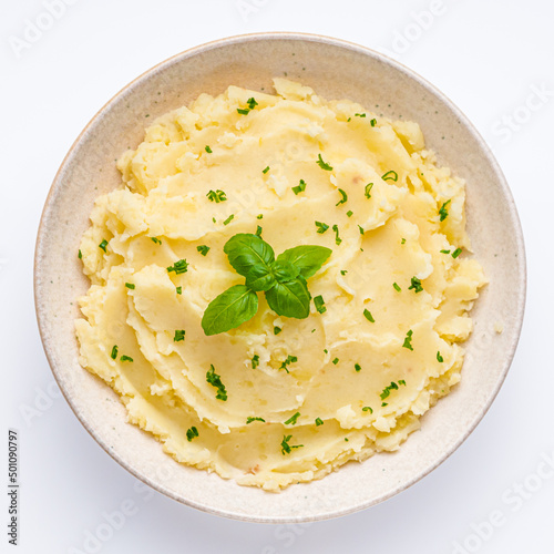 Fényképezés fresh tasty mashed potatoes on a white background