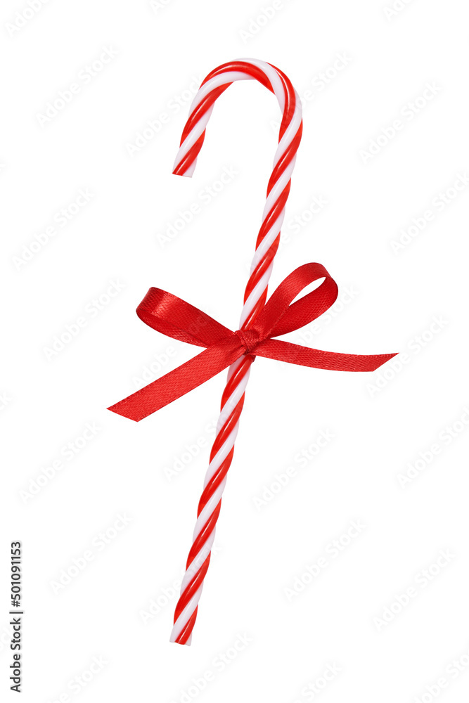 Christmas candy cane with satin red bow isolated on white background Christmas candy cane with satin red bow isolated on white background