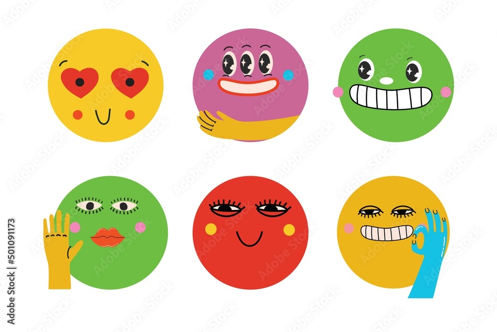 Collection of Round abstract comic Faces with various Emotions. Crazy Abstract comic geometric shape characters elements and faces. Vector Illustration Collection of Round abstract comic Faces with various Emotions. Crazy Abstract comic geometric shape characters elements and faces. Vector Illustration
