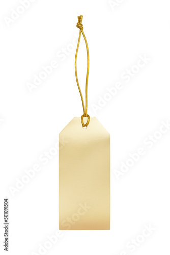 Golden label with string isolated on white background