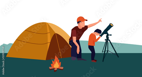 Father and son watching stars with telescope near to tent. Summer family camping. Forest landscape overnight. Editable vector illustration