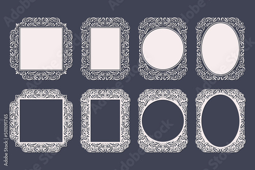 Set of frames laser cut; photo, picture, mirrow frame templates; stencil decor elements isolated, vector. photo