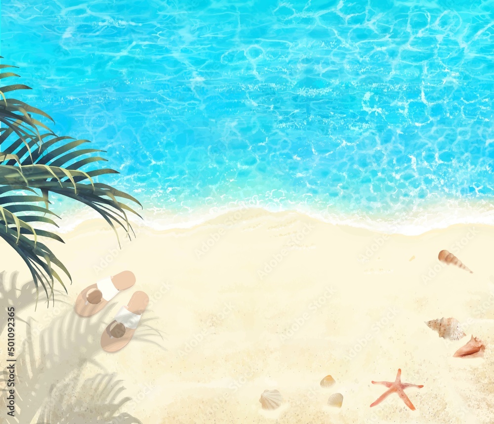 Obraz premium 上から見た夏の砂浜とエメラルドグリーンの海の波打ち際に貝殻とサンダルとヤシのある美しい背景素材