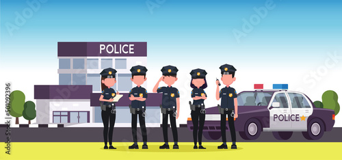 Police station. City police department building and cops. Policeman car at office security exterior.