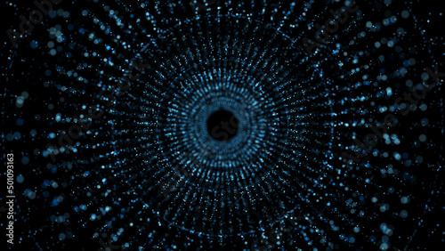 Abstract background with the movement of luminous particles. Cyber tunnel. Moving glowing points. Futuristic infinite space background. Abstract 3d portal.