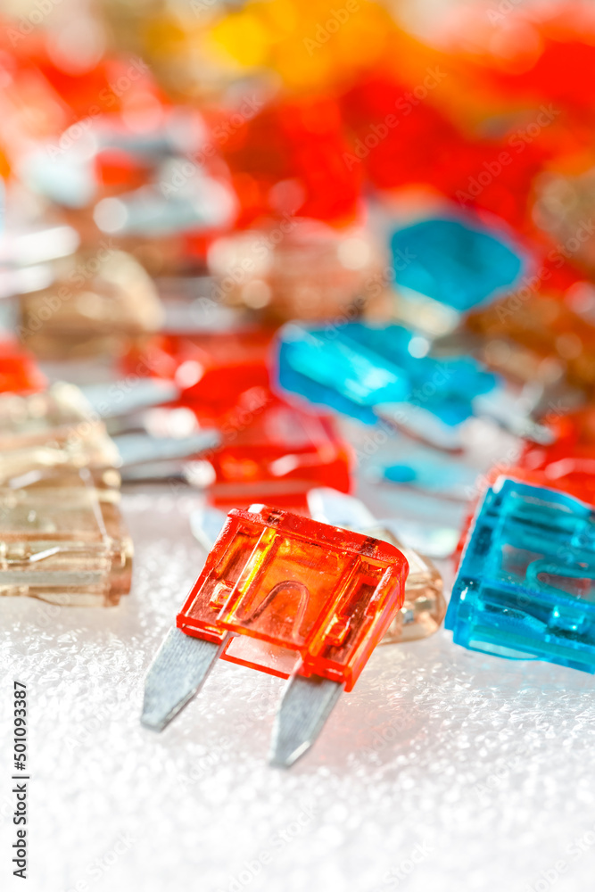 Industry Microelectronics Ideas. Closeup Shot of Batch of Colorful Fusable External Connectors Placed Bulk Over White. Industry Microelectronics Ideas. Closeup Shot of Batch of Colorful Fusable External Connectors Placed Bulk Over White.