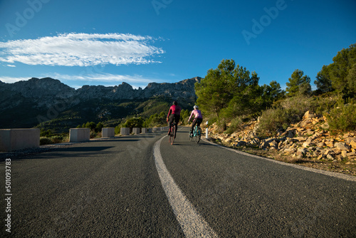 The hills in and around Calpe village with Bernia mountain in the background, area very popular with cyclists, Costa Blanca, Alicante, Spain