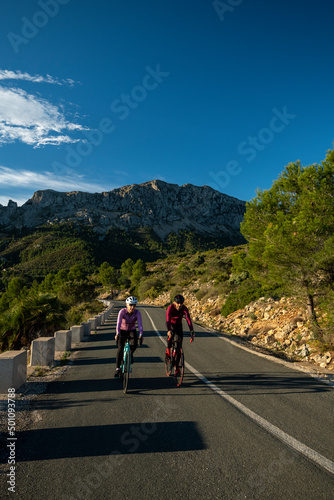 The hills in and around Calpe village with Bernia mountain in the background, area very popular with cyclists, Costa Blanca, Alicante, Spain © Amaiquez