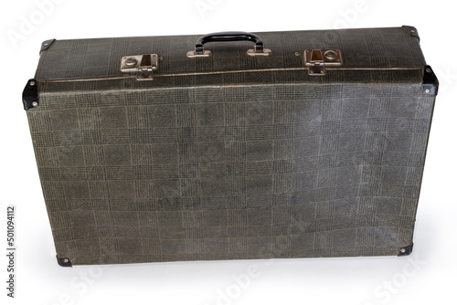 Old shabby leatherette hardshell suitcase on a white background photo