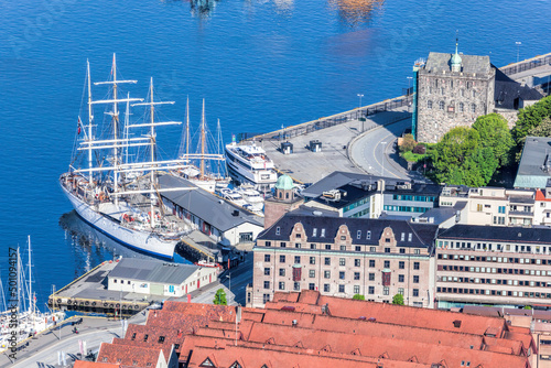 City of Bergen with ships in harbor, Norway, UNESCO World Heritage Site
