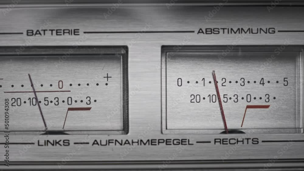 Two Analog VU Meters on Silver Colored Tape Recorder, Arrow Indicators