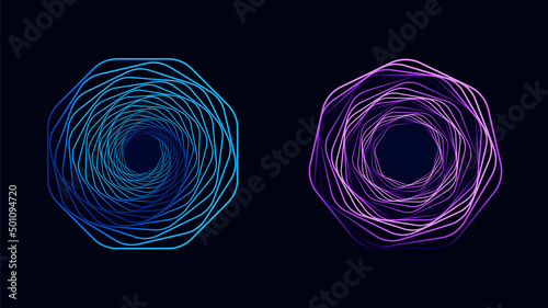 Set of twisted spirals. Sacred geometry. Tunnel with lines in the form of a circle and hexagons. Vector geometric fractal element.