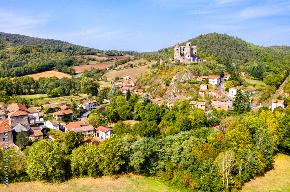 Aerial view of the ruins of Domeyrat Castle in Auvergne, France