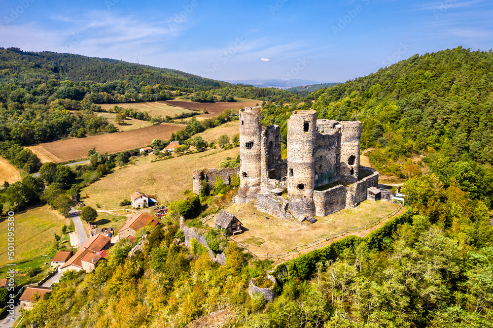 Aerial view of the ruins of Domeyrat Castle in Auvergne, France
