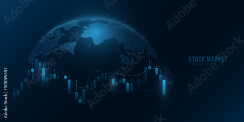 Chart of investment financial data with glowing Earth map. World stock market investment trading graph. Digital business technology concept. Vector illustration. EPS 10