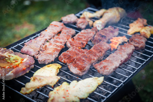 Making barbeque in nature. Barbecue with meat and fire for holidays. Tasty BBQ on picnic day.